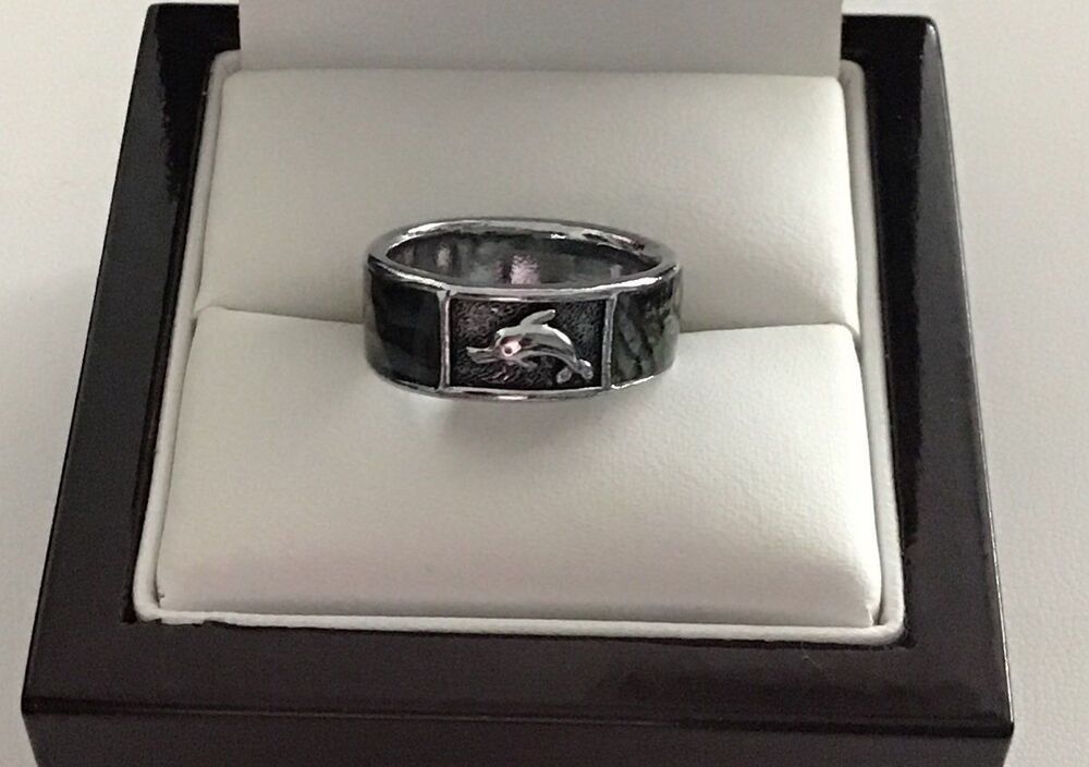New~Pretty Silver Dolphin Design and Genuine Abalone Shell  Band Ring Sz 7